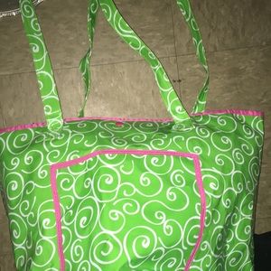 MSC preppy green  and pink vinyl tote! Huge! Like new!